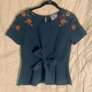 Embroidered J.O.A. Peplum chambray top